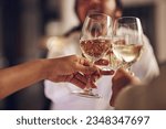 Small photo of Celebration, people hands and champagne toast for achievement, party event or holiday reunion. Alcohol drinks, night friends and group celebrate birthday, gala and cheers with sparkling wine glass