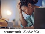 Small photo of Business woman, depression and stress in an office at night working late on deadline. Tired African entrepreneur person with hands on head for pain, burnout or regret for mistake or fail at work