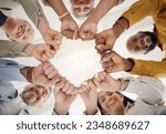 Small photo of Team building, fist bump and business people portrait in office for teamwork, support or faith from below. Diversity, hands and team face together sign for union, trust and partnership or motivation