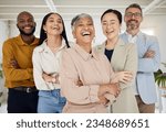 Small photo of Business people, laughing and arms crossed portrait in a office with diversity and senior woman ceo. Company, management team and funny joke of professional leadership and creative agency group