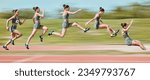 Small photo of Sports, long jump and sequence of woman on race track in stadium for exercise, training and workout. Fitness, fast and female athlete in action with motion blur for challenge, competition and jumping