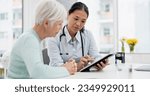 Small photo of Results, tablet and senior woman with doctor talking about healthcare data, report or communication in elderly care or consultation. Patient, nurse and advice in meeting with medical worker or expert