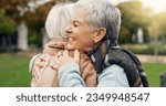Small photo of Love, connection and elderly women hugging for affection, romance and bonding on an outdoor date. Nature, commitment and senior female couple in retirement with intimate moment in a garden or park.