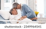 Small photo of Hospital, love or elderly couple, sick patient and affection for empathy, marriage bond and support for senior person. Retirement healthcare, forehead and man with medical problem, cancer or disease