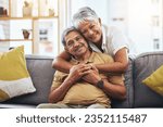 Small photo of Portrait, hug and senior couple on sofa for bonding, healthy marriage and relationship in living room. Retirement, love and happy man and woman on couch embrace for trust, commitment and care at home