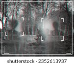 Small photo of Alien, extraterrestrial and viewfinder on a camera display to record a living organism in area 51. Camcorder, sighting and conspiracy with a life form on a recording screen outdoor in the forest