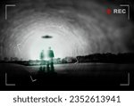 Small photo of Alien, spaceship and people recording with UFO in sky in nature for fantasy, science fiction and space mission. Extraterrestrial, travel and silhouette in forest for abduction conspiracy on camcorder