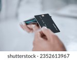POS, contactless payment and hands with credit card or customer in pharmacy to purchase a service at a store. Technology, cashless and person buy or tap a machine for online app in healthcare