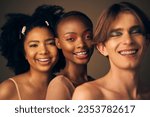 Small photo of Makeup, portrait and diversity in beauty with lgbt or queer women and man in studio for creative cosmetics and fashion. Happy, face and unique style for gen z, art or model with colorful eyeshadow