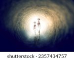 Small photo of Universe, portal and invasion with aliens walking in space for an invasion or mission to explore the galaxy. Horror, fantasy or extraterrestrial life with supernatural beings in a tunnel for travel