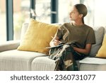Small photo of Military, woman and thinking of document for counseling, therapy and health information for insurance, paperwork and form. Soldier, healthcare or veteran writing on survey, checklist or doctor office