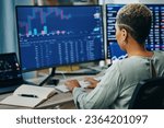 Small photo of Computer screen, stock market and business person reading, typing or work on IPO equity, trade analytics or cryptocurrency. Data analysis, workplace and back of corporate broker review finance stats