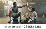 Small photo of Happy man, high five and fitness in sports motivation, teamwork or partnership at the gym. People touching hands in workout, exercise or training together for physical health or wellness at gymnasium