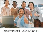 Small photo of Teamwork, portrait and call center people with thumbs up, contact us with headphones and help desk. Consultant group with hand gesture, diversity and customer service with support, trust and advice