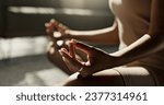 Small photo of Meditation, hands woman in lotus pose on a floor for peace, zen or mental health wellness at home. Breathing, relax and female person in living room for energy training, exercise or holistic practice