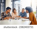 Small photo of Editor, planning and teamwork in business meeting, office or press newspaper with writers in publishing. News, agency and group of people with strategy for report, newsletter and review of ideas