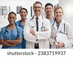 Team of doctor and nurse with vision, teamwork and arms crossed while working at a hospital. Happy medical expert, healthcare and professional group smile at work together for success at a clinic