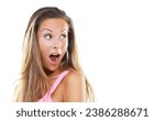Small photo of Surprise, fashion news and woman for deal in shopping announcement, promotion and sale in studio. Model, giveaway and wow shock for bonus, discount information and white background on mockup space