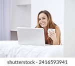 Woman, bedroom and coffee on laptop for relax, search website and registration or streaming at home. Young person online on bed with computer for morning news, social media update or reading blog