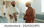 Small photo of Islam, men and talking in mosque for religion advice, spirituality or learning Friday prayer to God. Muslim friends, people or community for culture, Eid Mubarak or praise Allah as revert and leader