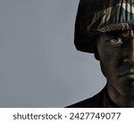 Small photo of Man, portrait and soldier with camouflage for army, military war or battle on a gray studio background. Closeup of male person or commander with face paint or helmet in undercover disguise on mockup
