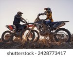 Small photo of Sport, racer or people on motorcycle outdoor on dirt road with relax after driving, challenge or competition. Motocross, motorbike or dirtbike driver with helmet on offroad course or path for racing