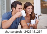 Small photo of Couple, morning and lounge with coffee in home for smile, thinking and relax on sofa with drink. Man, woman and happy together with latter, coco or tea cup with bonding, love and ideas on vacation