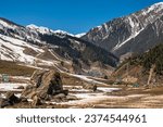Small photo of Kashmir Snow mountains - Snow covered Kashmir is truly winter wonderland, Winter season, Sonamarg village, hill station, Valley, a popular tourist skiing destination, Kashmir, India