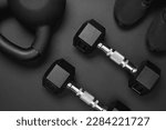 fitness items. sports equipment on color background. Fitness and healthy living, wellness concept. Sports Concept. Gym equipment on color background. Different items for fitness and workout. top view.
