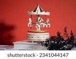 merry go round carousel horse toy music box. classic music box. vintage music box. Silver music box mechanism with the handle. Musical toy. old fashioned toys.
