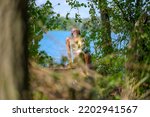 Small photo of Attractive blond woman wearing a gold gogo dress posing on a tree trunk at the edge of a lake