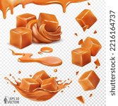 Set with caramel cream, slices and pieces. Liquid caramel splash crown. Falling toffee candies. 3d realistic vector illustration