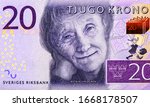 Small photo of Astrid Lindgren and the character she created, Pippi Longstocking. Portrait from Swedish 20 Kronor 2015 Banknotes.