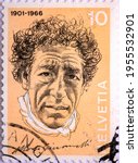 Small photo of SWITZERLAND 1972: A stamp printed in Switzerland, shows a portrait of Alberto Giacometti (1901-1966), a Swiss sculptor, painter, draftsman and printmaker, portrait on stamp. Thailand - April, 14, 2021