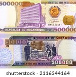 Small photo of Banco de Mocambique building in Maputo, Portrait from Mozambique 500000 Meticais 2003 Banknotes.