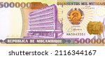 Small photo of Banco de Mocambique building in Maputo, Portrait from Mozambique 500000 Meticais 2003 Banknotes.