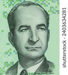 Small photo of Jose Figueres Ferrer with himself pictured in the background abolishing the Costa Rican Army. Portrait from Costa Rica 10 000 Colones 2019 Banknotes. Bangkok-Thailand, December, 21, 2023.