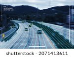 Ai tracking traffic automobile vehicle car recognizing speed limit information system, security surveillance camera monitoring motorway traffic holographic projection artificial intelligent technology