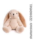 Small photo of Plush bunny on a white background. Children's toy