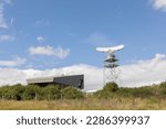 Small photo of Dover, Kent, united kingdom, 25, august 2022 Primary radar structure of the English HM Coastguard on top of the White Cliffs of Dover