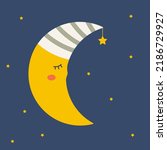 A moon in a cap slumbers in the night sky, surrounded by stars. Illustration for children. Vector. Good night. Sweet Dreams.