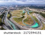 Small photo of Sao Paulo, Sao Paulo, Brazil. June 26 2022. Aerial view of the Duas Rodas Magazine Festival at the Interlagos circuit. Motorcycles, people gathered and asphalt.