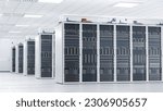 Small photo of Supercomputer and Advanced Cloud Computing Concept. White Server Cabinets inside Bright and Clean Large Data Center. Artificial Intelligence Training Cluster.