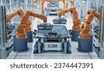 Small photo of Modern Electric Car Automated Smart Factory. EV Battery Pack Production Line Equipped with Orange Advanced Robot Arms Row of Robotic Arms inside Bright Plant Assemble Batteries for Automotive Industry