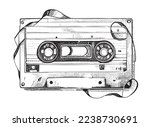 Audio cassette sketch hand drawn vintage music Vector illustration