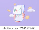 3D stock online trading with smartphone and money coin on mobile cloud. Investment graph using funding business on mobile in hand 3d concept. 3d vector stock trading for investment render illustration