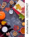 Small photo of Top view apportion from autumn objects on a concrete background. Autumn still life