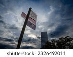 Small photo of BELGRADE, SERBIA - JUNE 24, 2023: Bus stop sign on Usce Shopping mall in Novi beograde stop belonging to GSP Beograd, the Belgrade city public transporation company, with trams, buses and trolleybuses