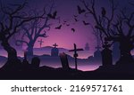 Cemetery in forest. Halloween background with bats, trees, tombstones and fireflies. Halloween purple, violet template. Vector illustration.