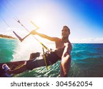 Kiteboarding. Fun in the ocean, Extreme Sport Kitesurfing. POV Angle with Action Camera 